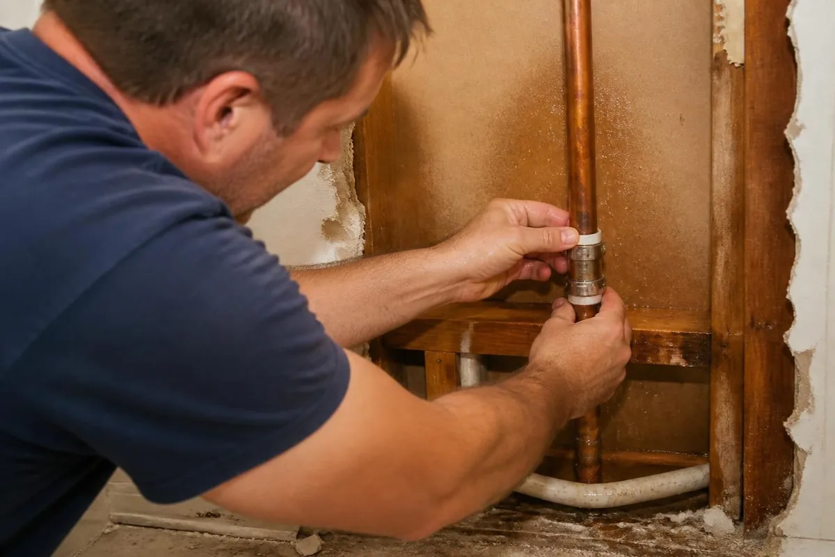 Plumber installing a push-fit repair coupling on a burst pipe, burst pipe repair in Raleigh, NC