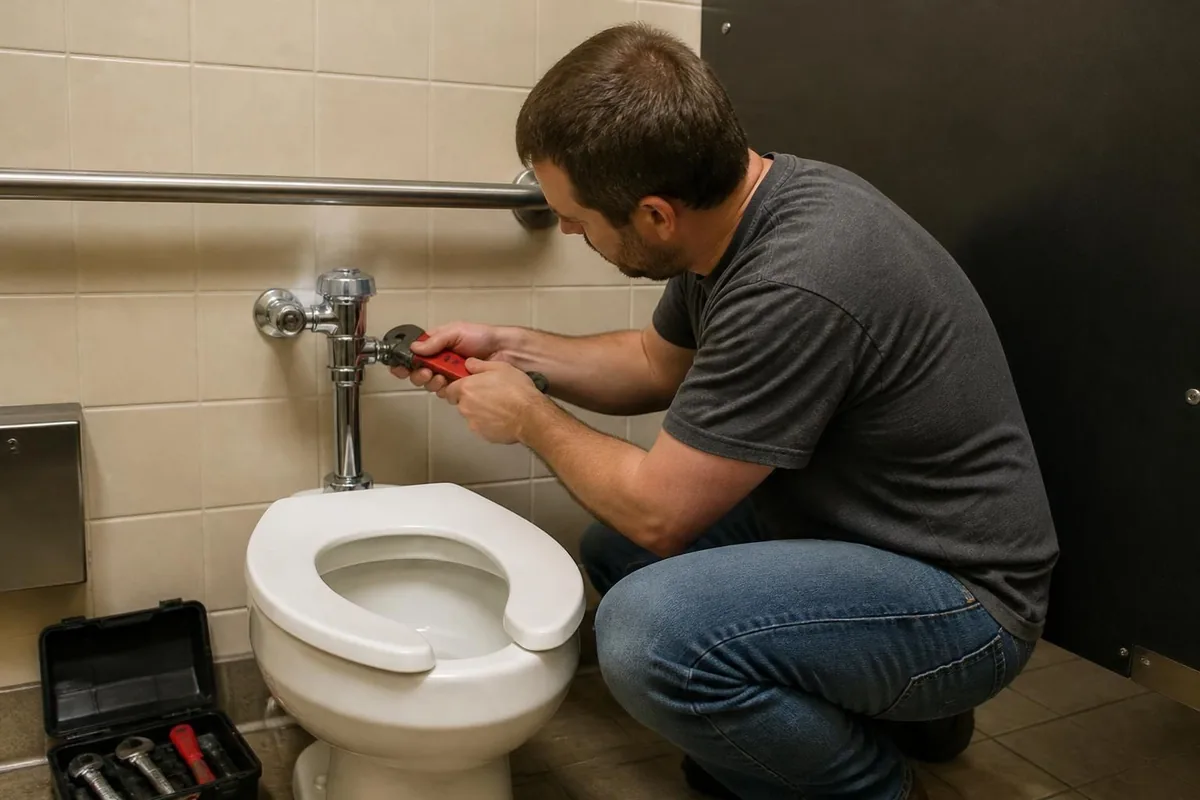 Plumber repairing a flush valve on a commercial restroom toilet, commercial plumbing in Raleigh, NC