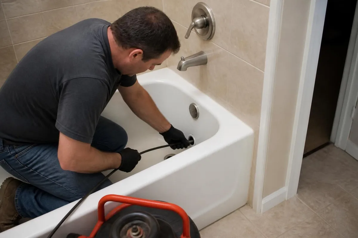 Plumber feeding a drain cable into a bathroom tub drain, drain cleaning in Smithfield, NC