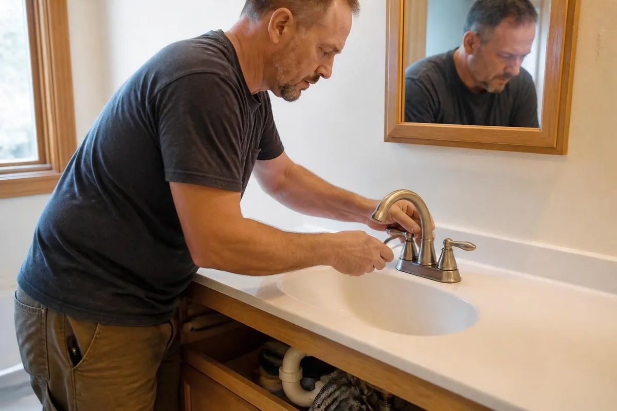 Plumber installing a new bathroom faucet on a vanity, faucet repair in Raleigh, NC