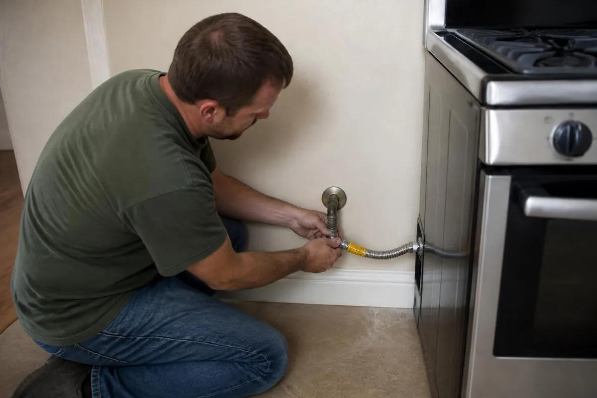 Plumber connecting a flexible gas connector to a range, gas line services in Raleigh, NC