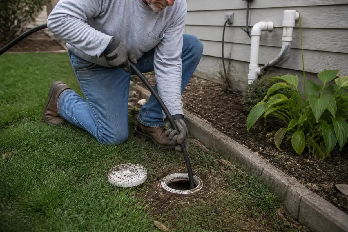 High-pressure jetter hose entering a cleanout pipe in a residential yard, hydro jetting in Raleigh, NC