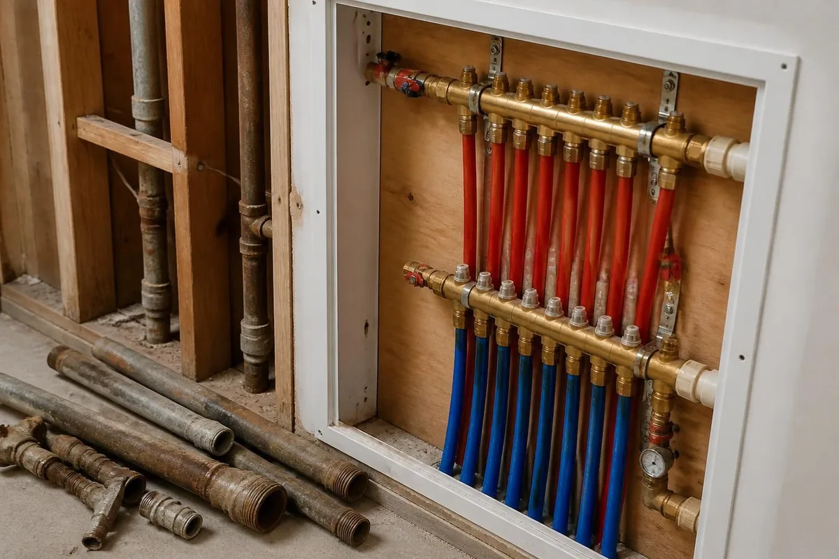 Old galvanized pipes removed beside new PEX manifold, repiping in Raleigh, NC