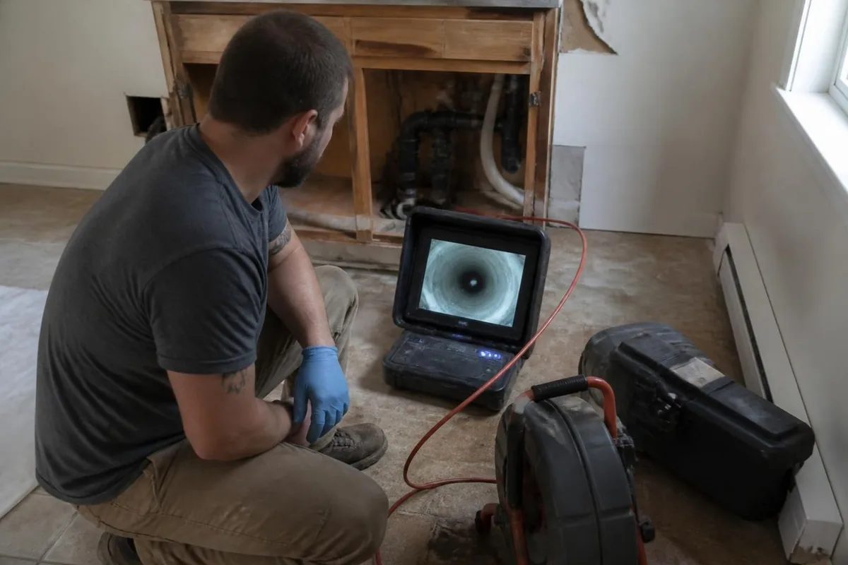 Plumber watching a sewer camera monitor showing the inside of a pipe, sewer camera inspection in Raleigh, NC