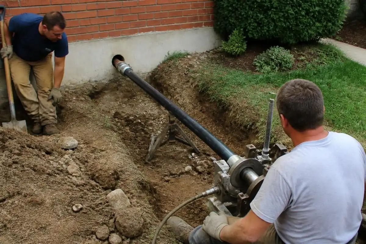 Plumbers pulling new HDPE pipe through the ground with trenchless pipe bursting equipment, sewer line replacement in Raleigh, NC