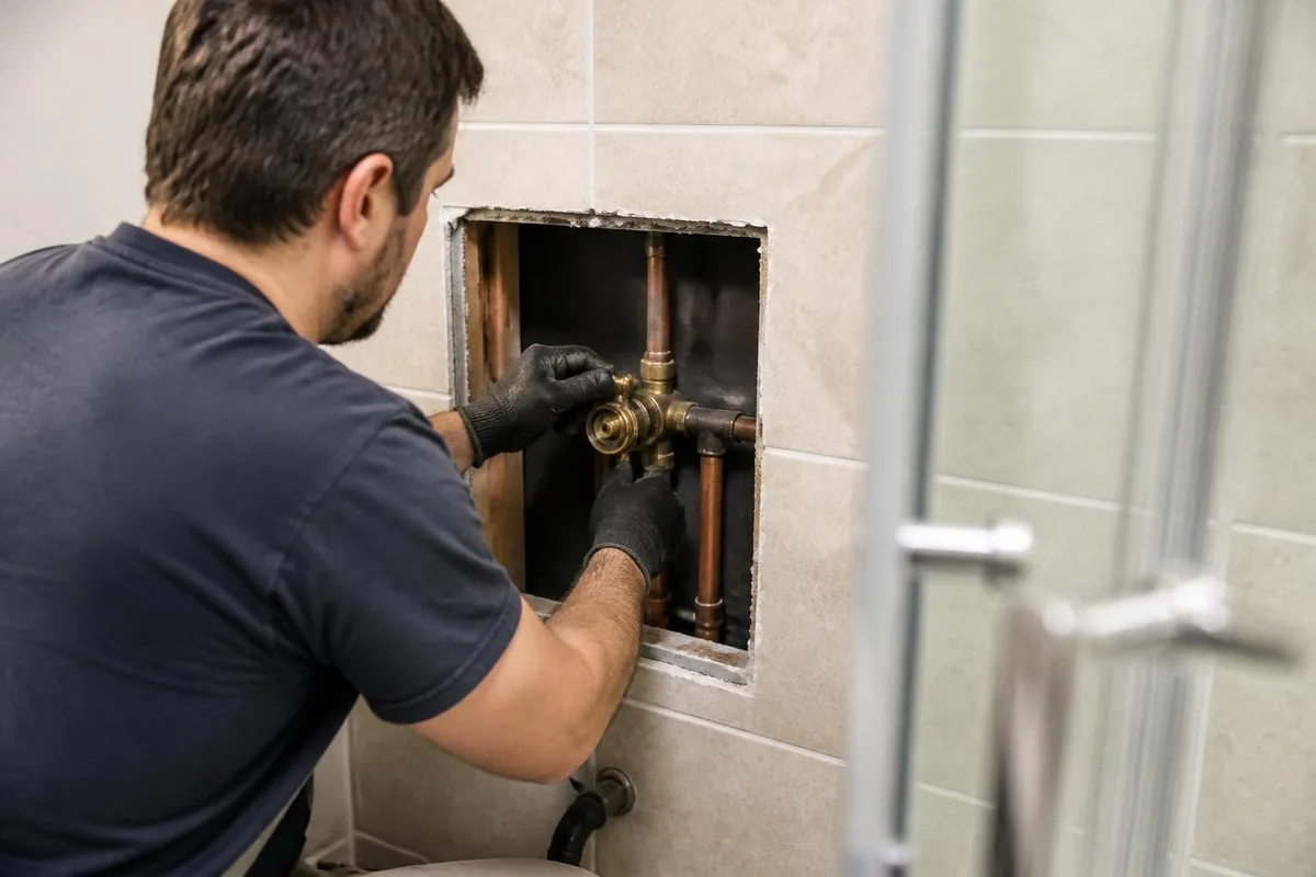 Plumber working on a shower valve through an access panel behind the wall, shower valve repair in Raleigh, NC