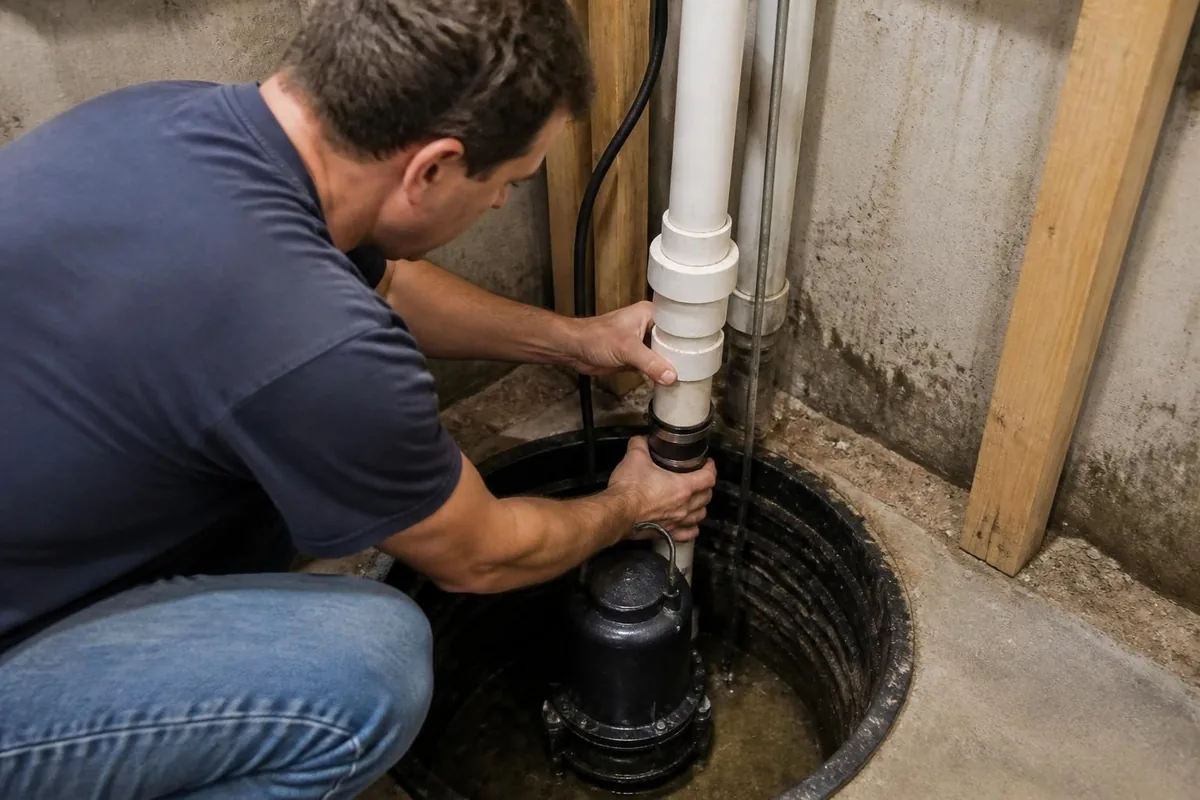 Plumber connecting PVC discharge pipe and check valve to a sump pump, sump pumps in Raleigh, NC