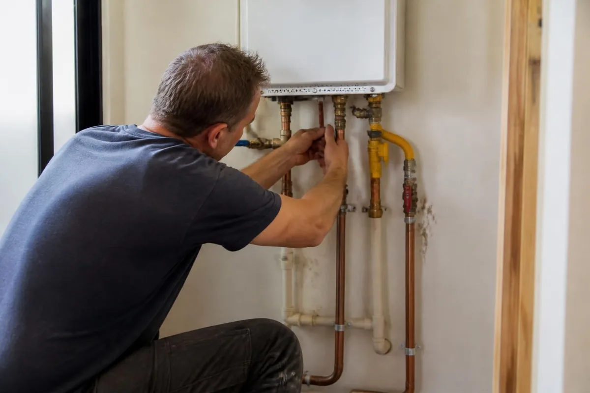 Plumber connecting gas and water lines beneath a wall-mounted tankless water heater, tankless water heaters in Raleigh, NC