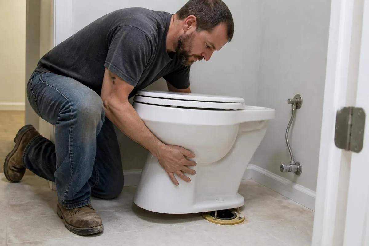 Plumber setting a toilet onto a new wax ring and flange, toilet repair in Raleigh, NC
