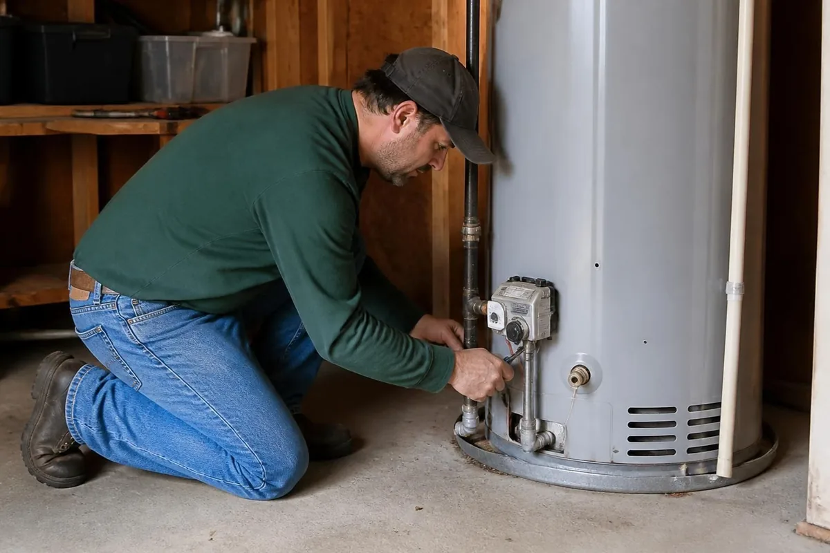 Plumber relighting the pilot on a gas tank water heater in a garage, water heater repair in Raleigh, NC