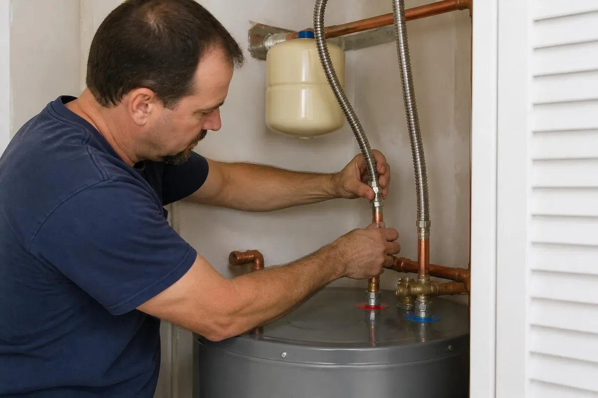 Plumber connecting flexible water lines to the top of a newly installed water heater, water heater replacement in Raleigh, NC