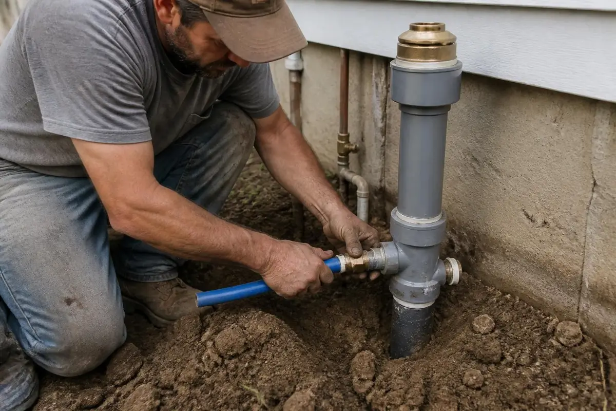 Plumber connecting new PEX water service line to a meter setter, water line repair in Raleigh, NC
