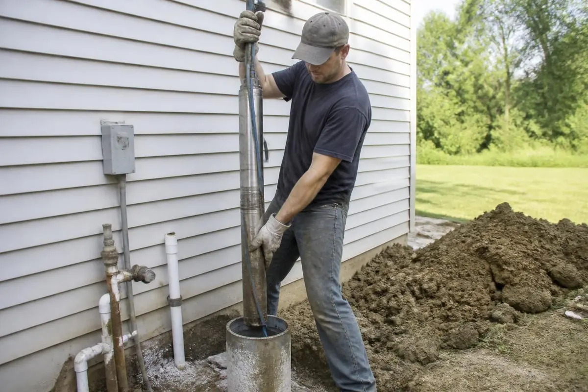Technician pulling a submersible well pump from a well casing, well pump repair in Raleigh, NC